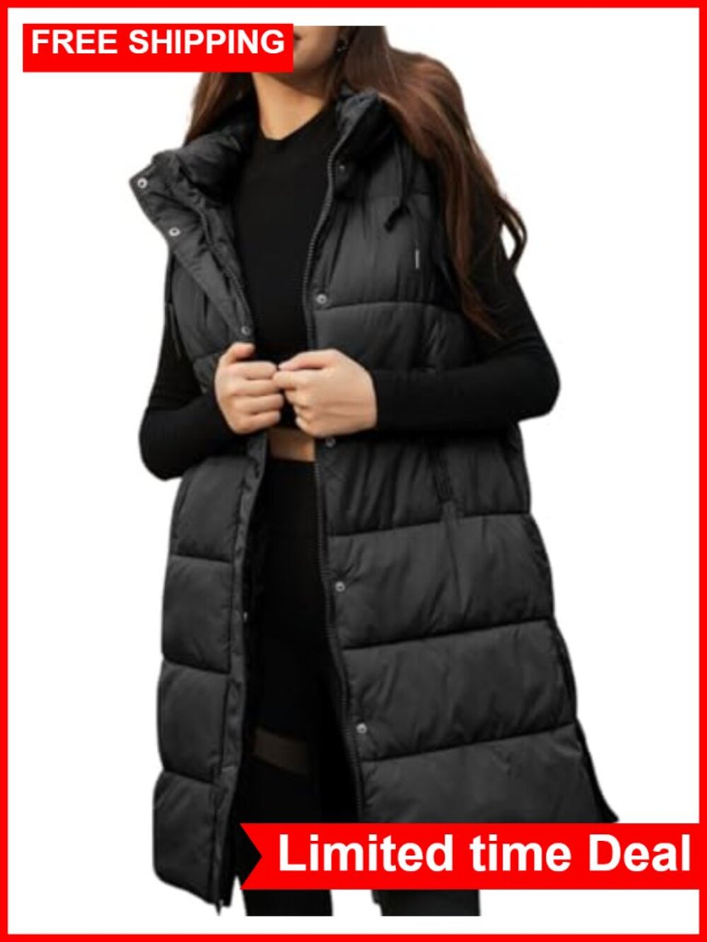 Long Puffer Vest Hooded Quilted Padded Sleeveless Coat Jacket